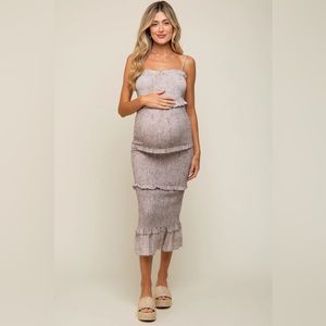 Pink Blush Grey Floral Smocked Fitted Maternity Midi Dress